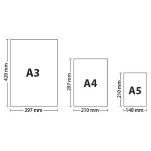 K&ouml;nnte beinhalten: Diagramm, das die Abmessungen von drei Standardpapierformaten zeigt: A3, A4 und A5. Die Ma&szlig;e sind in Millimetern.