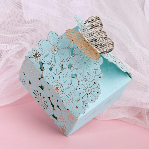 Pack of 10 Box| Wedding Favour Box |Party Favour Box| Elegant Blue and Gold Butterfly Favour Box| Laser Cut Favour Box| Event Party Supplies