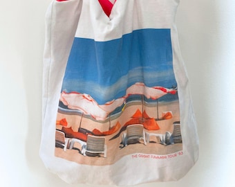 Jaws-Inspired Embroidered Tote Bag – Upcycled T-Shirt Beach Scene with Shark Attack, Pink Liner