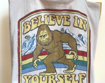 Upcycled Bigfoot Graphic T-Shirt Tote Bag with Embroidered UFOs