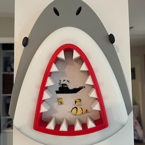 3D-Printed Shark Head Wall Art with Hand-Embroidered Jaws-Inspired Scene