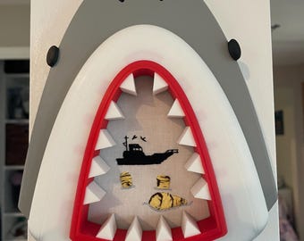 3D-Printed Shark Head Wall Art with Hand-Embroidered Jaws-Inspired Scene