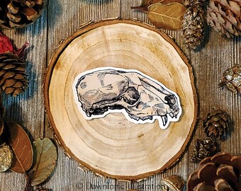 Puede incluir: Un dibujo de línea en blanco y negro detallado de un cráneo de animal sobre un fondo de madera. El cráneo está mirando hacia la derecha y tiene un hocico largo.