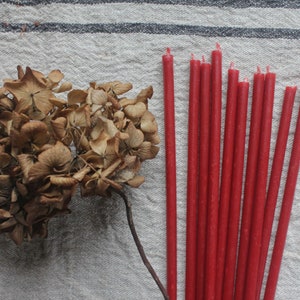 Set of 10 Natural Beeswax Candles in Red/ Slim candles/ Beeswax tapers