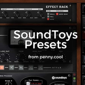 Può includere: Uno screenshot dei plugin SoundToys, una collezione di effetti audio per la produzione musicale. L'immagine mostra i nomi dei plugin, tra cui EchoBoy, Crystallizer, Devil-Loc, FilterFreak e Decapitator. Il testo "SoundToys Presets from penny.cool" è visualizzato al centro dell'immagine.