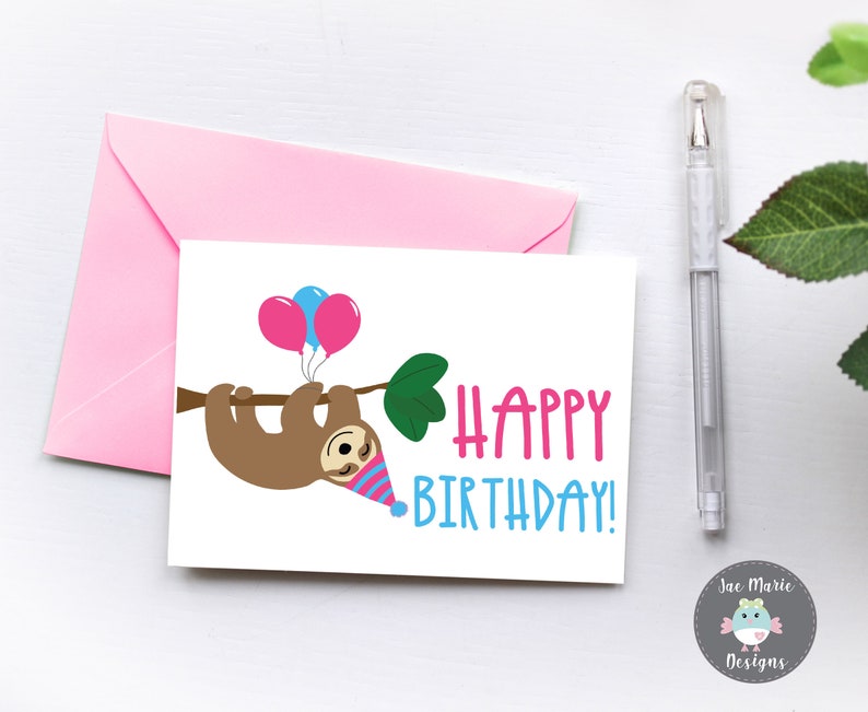 Printable Card Sloth birthday card print at home digital | Etsy