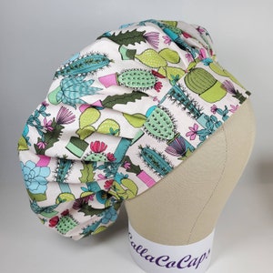 Cactus on White BOUFFANT Scrub Cap with Elastic and Cord Lock