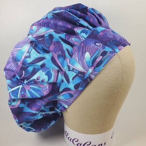 Purple and Blue Butterflies (Choice of Band) BOUFFANT Scrub Cap with Elastic and Cord Lock