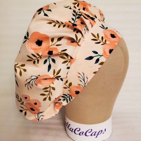 Peach Sprigs Bouffant Scrub Cap with Elastic and Cord Lock