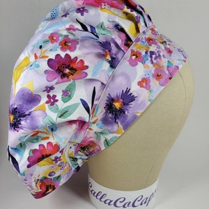 Lavender Blossom BOUFFANT Scrub Cap with Elastic and Cord Lock