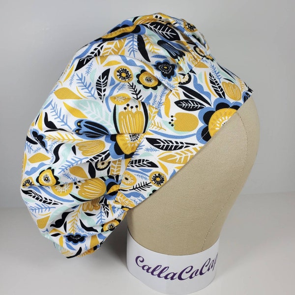 Gold and Blue Flowers BOUFFANT Scrub Cap with Elastic and Cord Lock