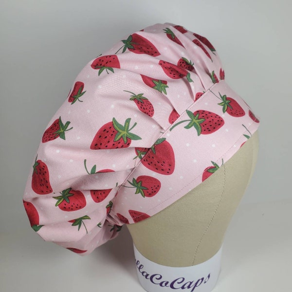 Sweet Strawberries BOUFFANT Scrub Cap with Elastic and Cord Lock