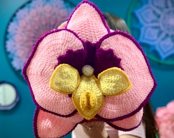 Crochet Orchid Cushion - Indoor Gardening Pillow - Feminine Interior Decor Throw Pillow