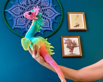 Crochet Sea Dinosaur - Large Crochet Ocean Dragon with Wire - Custom Posable Soft Sculpture Sea Monster - Made to Order