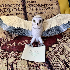 Crochet Giant Owl - Custom Soft Sculpture Bird with Wire - Posable Amigurumi with Open Wings - Made to Order