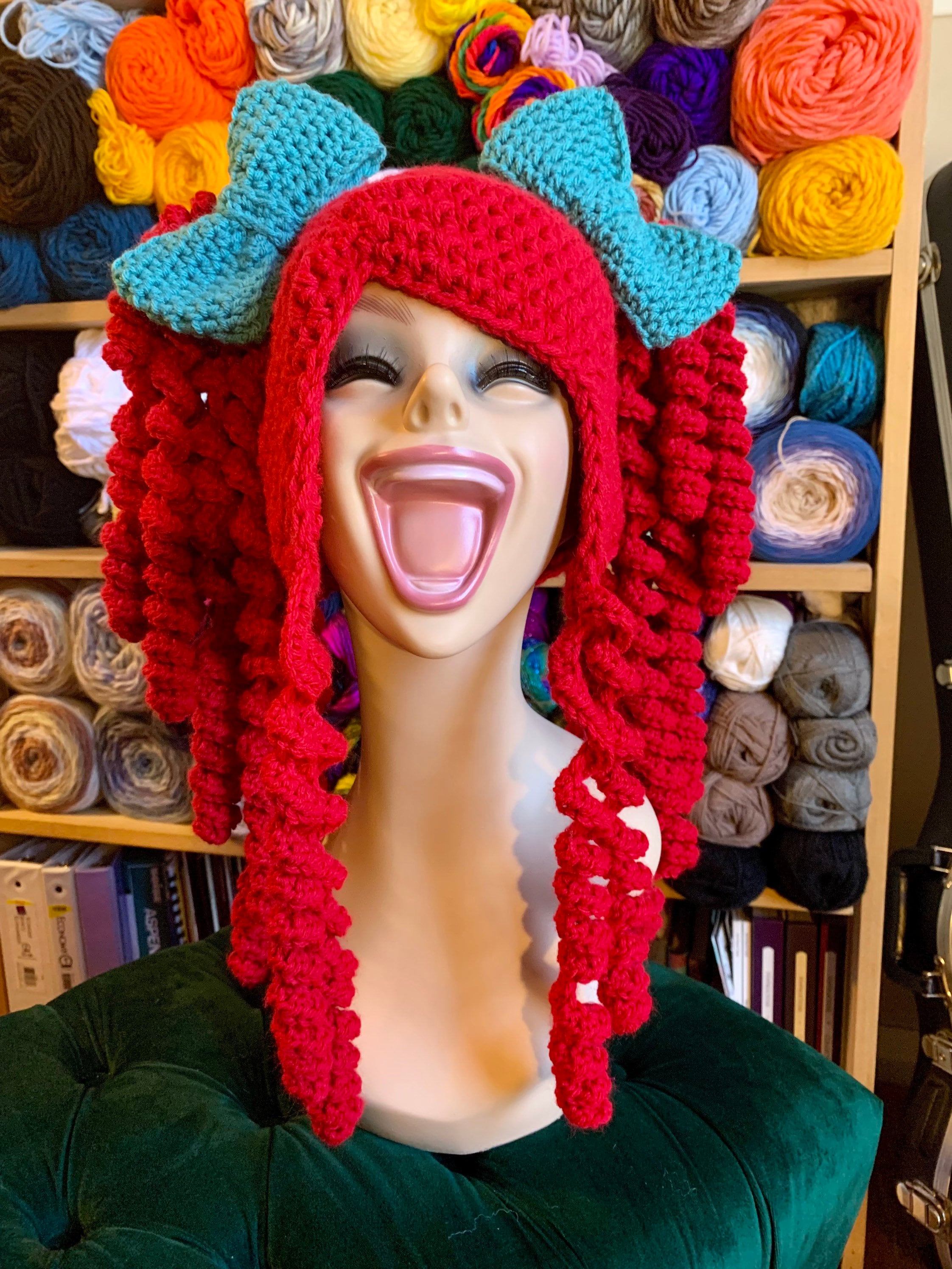 Kawaii Pigtail Hat - Custom Crochet Curly Hair Beanie With Bows