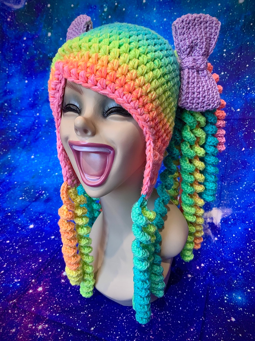 Kawaii Pigtail Hat - Custom Crochet Curly Hair Beanie With Bows