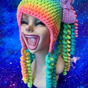 Kawaii Pigtail Hat - Custom Crochet Curly Hair Beanie with Bows- Children AND Adult Sizes - Made to Order