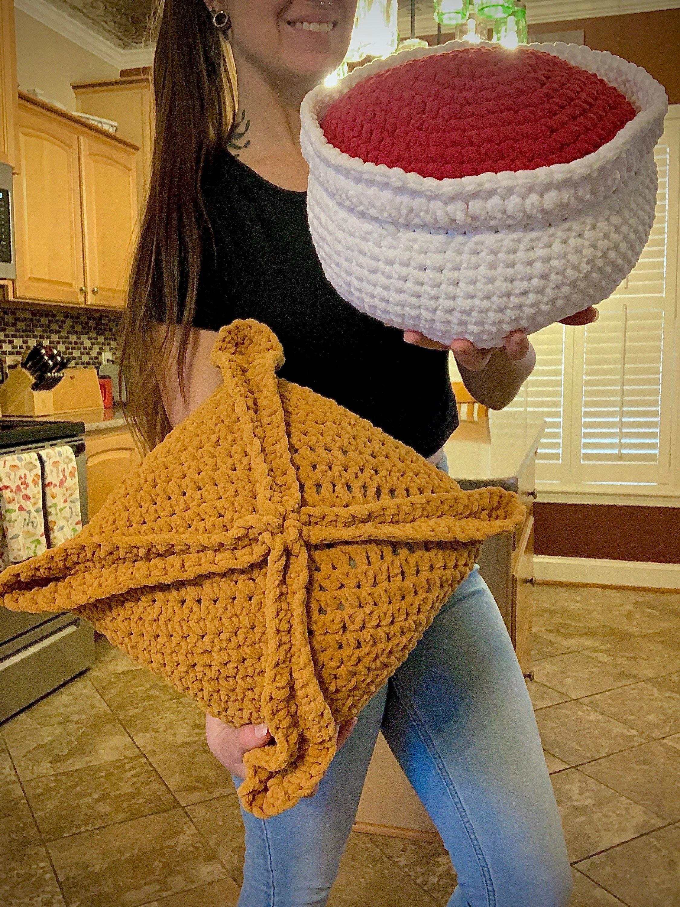 Crochet Crab Rangoon and Duck Sauce Pillow Set - American Chinese Food Cushions - Set of 2 Pillows - Fluffy Wonton Dip Decor - Made to Order