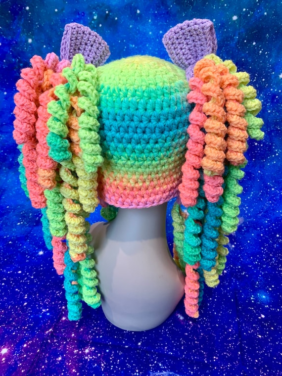 Kawaii Pigtail Hat - Custom Crochet Curly Hair Beanie With Bows