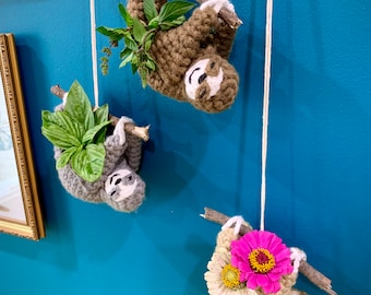 Sid the Sloth -  Crochet Plant Hanger - Mini Potted Plant Sling - Hanging Animal Planter - Made to Order