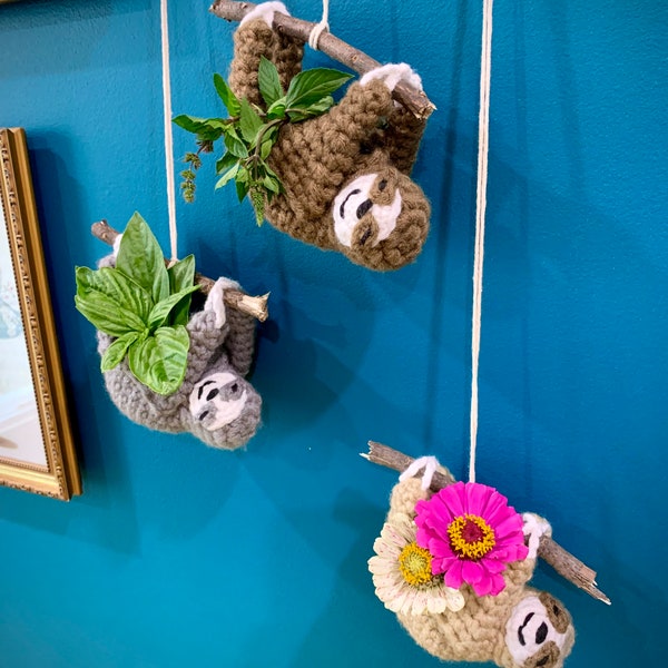 Sid the Sloth -  Crochet Plant Hanger - Mini Potted Plant Sling - Hanging Animal Planter - Made to Order