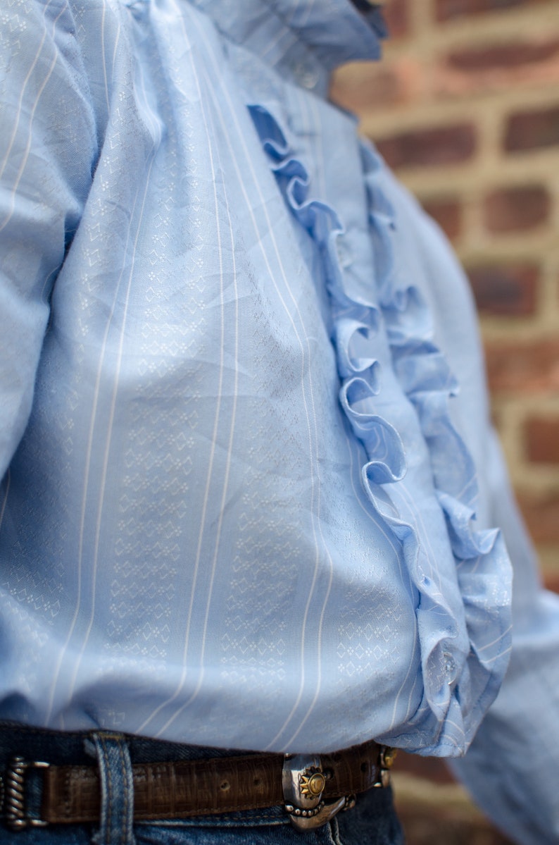 Vintage Blue Ruffle Blouse Vintage Button Down Top Fits Women Small Medium