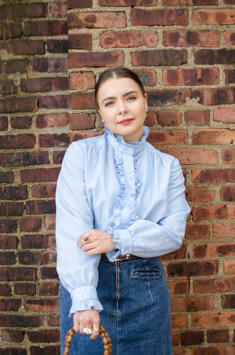 Vintage Blue Ruffle Blouse Vintage Button Down Top Fits Women Small Medium