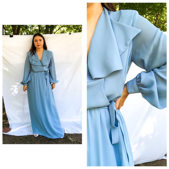 Vintage 70s Blue Dress, Wrap Maxi Evening Dress, S