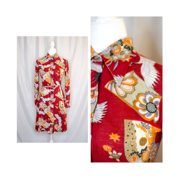 Vintage 70s Red Printed Shirt Dress, Vintage Shirt