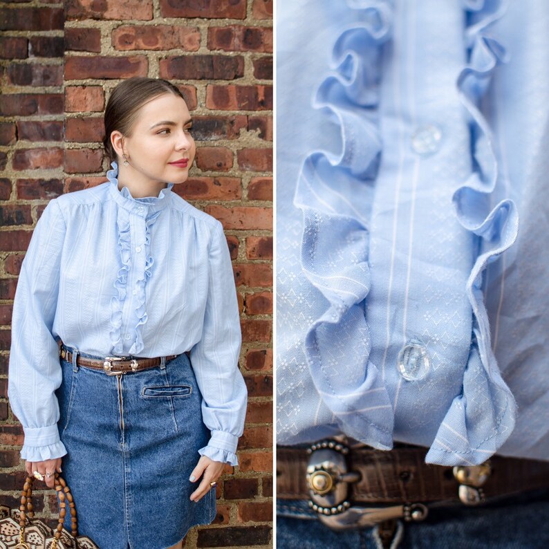 Vintage Blue Ruffle Blouse Vintage Button Down Top Fits Women Small Medium