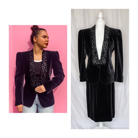 Vintage 80s Black Velvet Blazer & Skirt Set by Esc