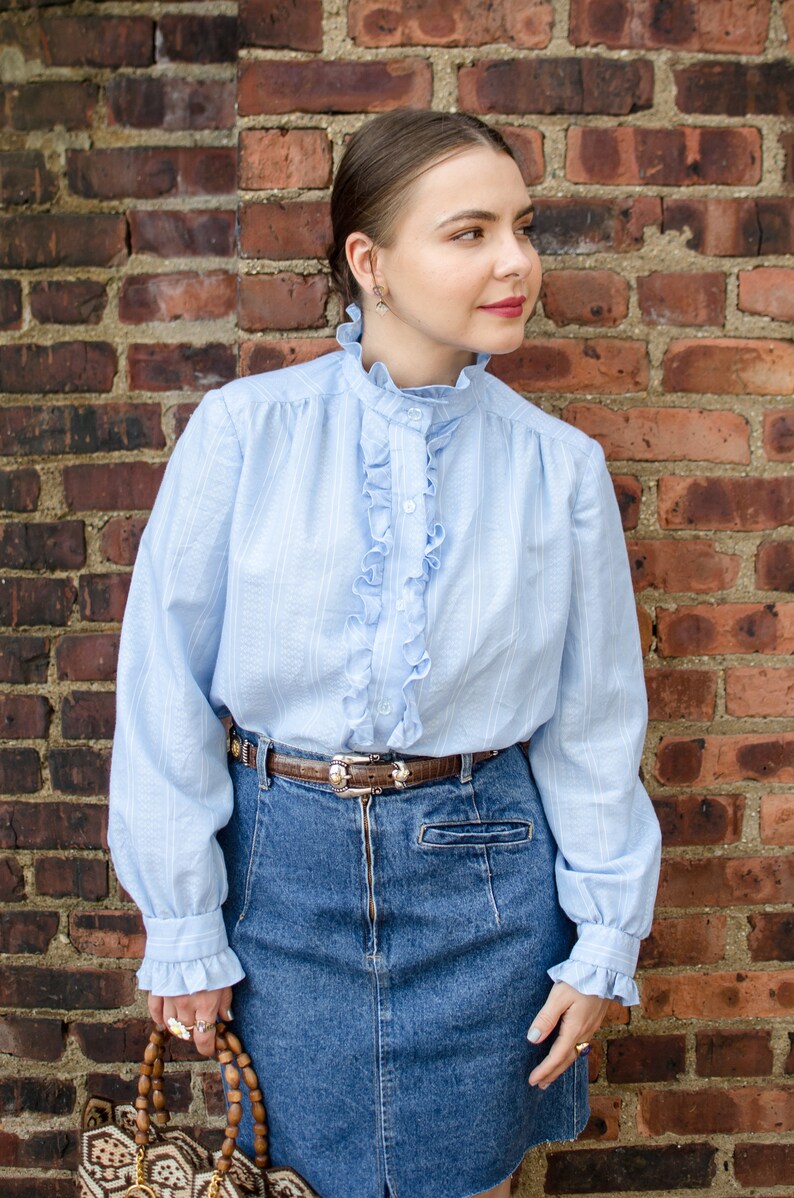 Vintage Blue Ruffle Blouse Vintage Button Down Top Fits Women Small Medium