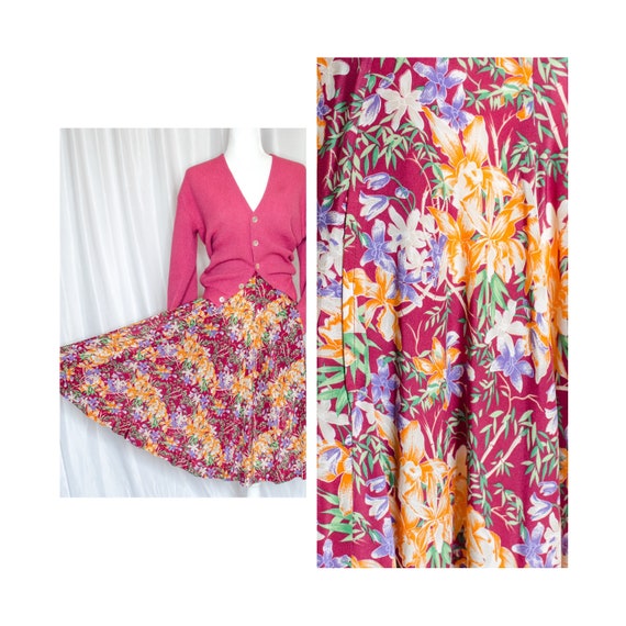 Vintage 40s-50s Burgundy Floral Skirt, Silk Midi C
