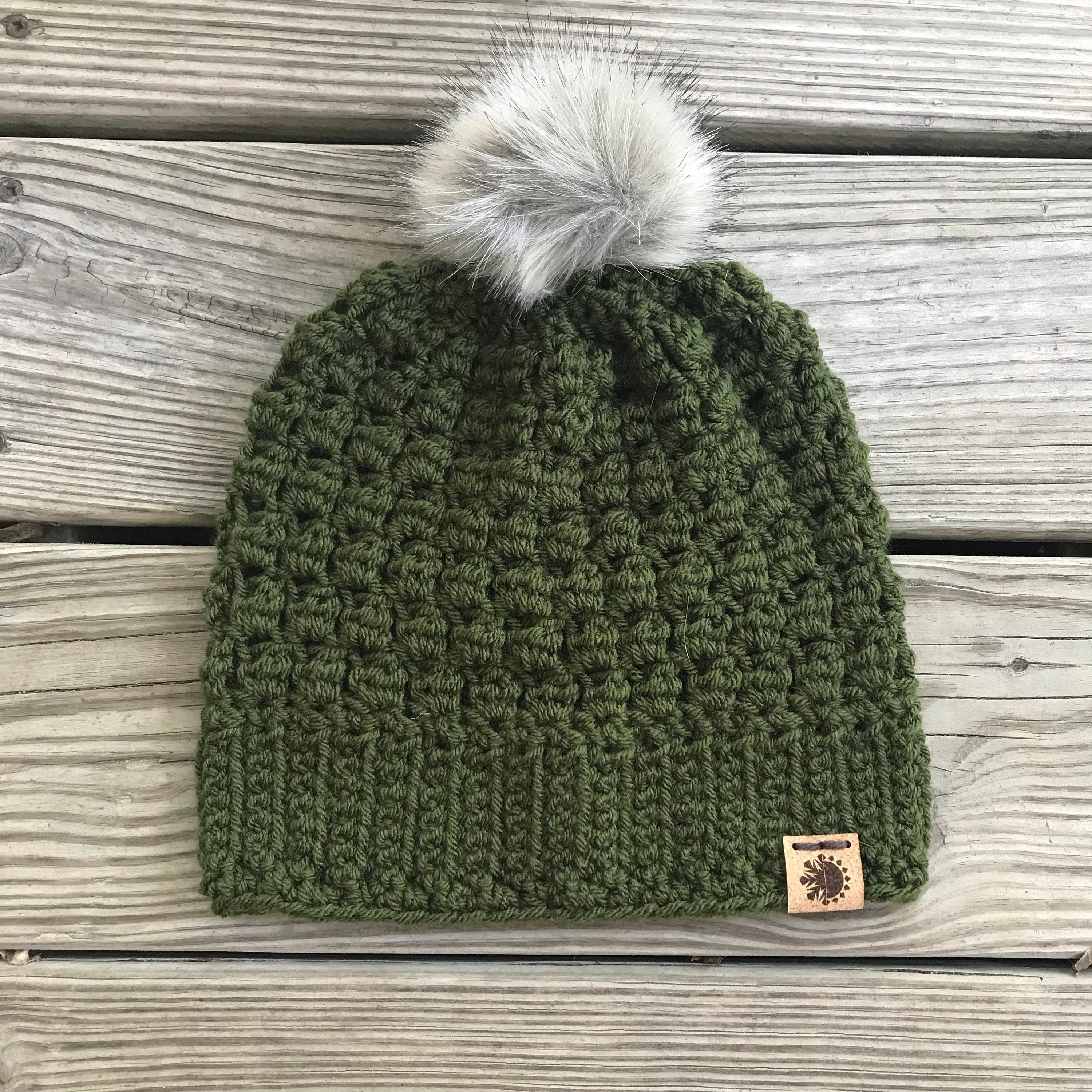 Olive green beanie with pom pom Clearance
