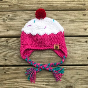 Cupcake Hat with Earflaps - Hot Pink - Adorable Crochet Cupcake Hat for Babies and Kids - Handmade - Fiber Art