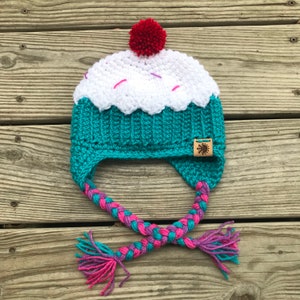 Cupcake Hat with Earflaps - Teal - Adorable Crochet Cupcake Hat for Babies and Kids - Handmade - Fiber Art