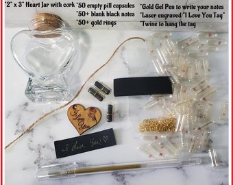 DIY Love Notes Heart Jar Message in a Glass Bottle, Girlfriend Boyfriend Gift Couple Present Pill Capsules Personal Notes Anniversary Box