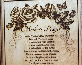 Laser Engraved MOTHER'S DAY PRAYER Wall Hanging Roses Butterflies Can Personalize Poem Mother's Day Gift Gift for Mom Grandma Daughter