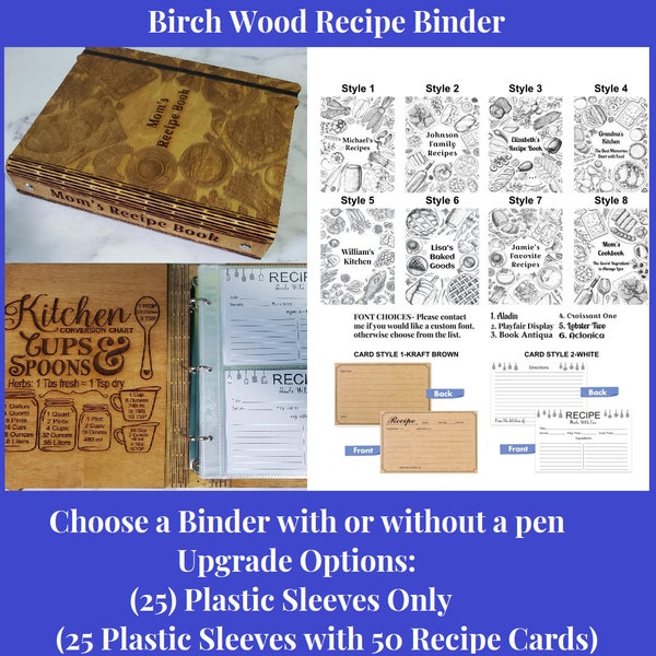 Personalized Laser Engraved RECIPE BOOK Optional 4 x 6 Recipe Cards + Sleeve Protectors A5 Recipe Binder Custom Gift Mom Grandma Baker Chef