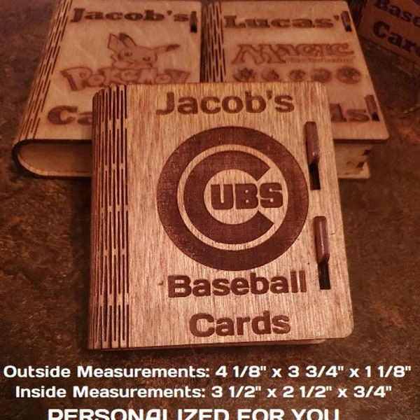 PERSONALIZED Laser Engraved Wood Baseball Trading Playing Card Box Sliding Bolt Latch Book Style