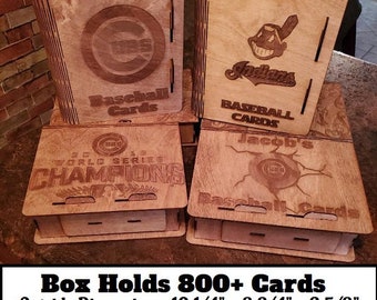 HOLDS 800+ CARDS PERSONALIZED Laser Engraved Wood Baseball Trading Playing Card Box Sliding Bolt Latch Book Style