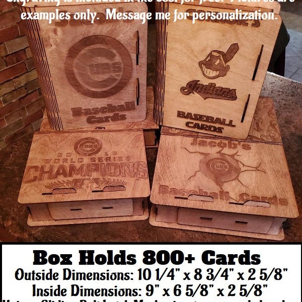 HOLDS 800+ CARDS PERSONALIZED Laser Engraved Wood Baseball Trading Playing Card Box Sliding Bolt Latch Book Style