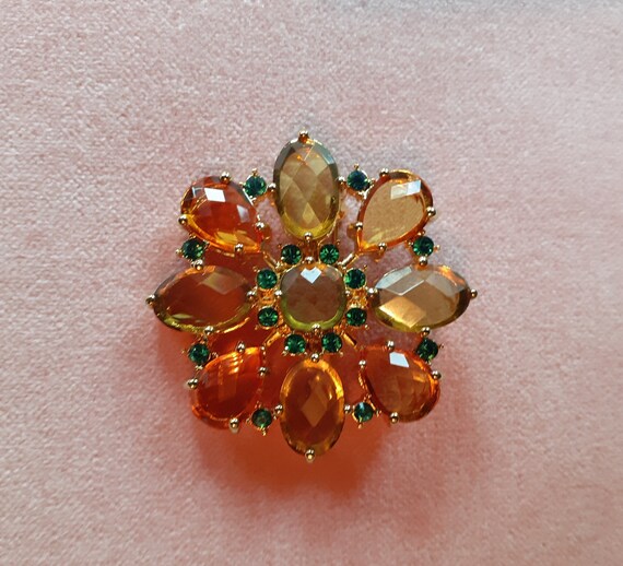 Joan Rivers Brooch Green Amber and Blue Signed. Etsy Australia