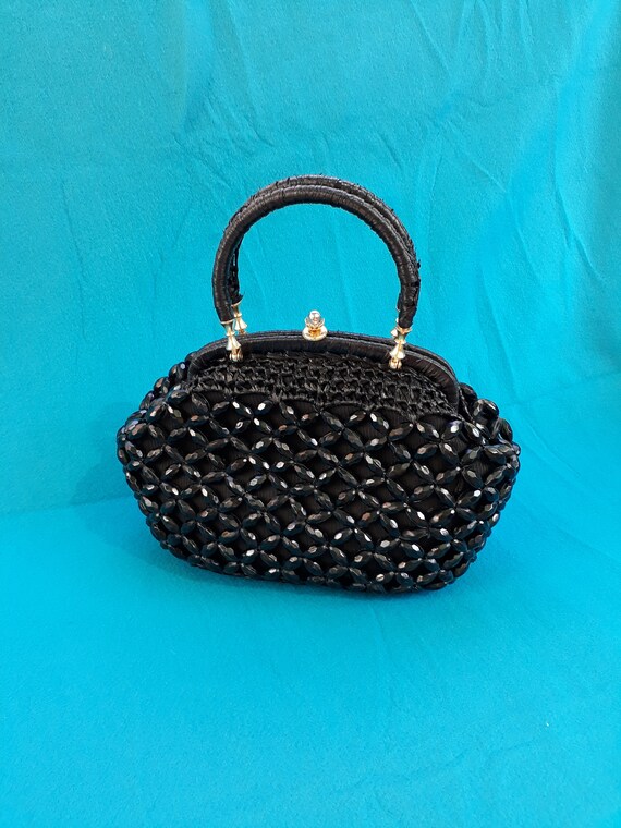 Vintage black beaded raffia bag. 1960s original.