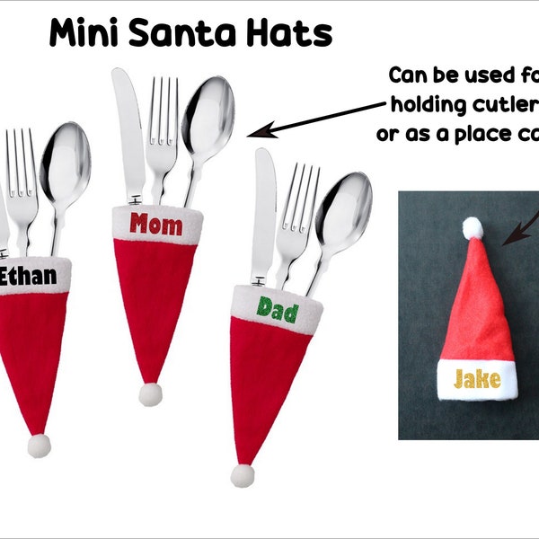 Mini chapeaux de Père Noël personnalisés 2023 - Nom personnalisé, deux styles, porte-couverts / carte de place, 10 couleurs scintillantes, idéal pour recevoir des invités