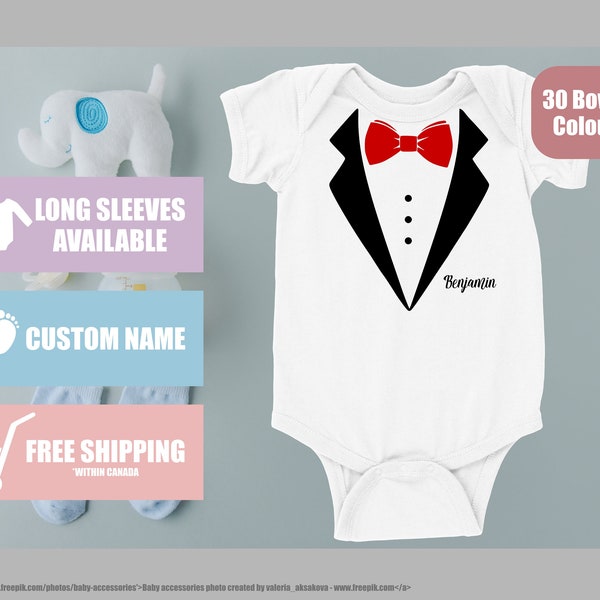 Nom personnalisé Nœud papillon Tuxedo Onesie/Bodysuit, N à 24 mois, Manches longues ou courtes, coton, baby shower & annonce, cadeau, 30 couleurs