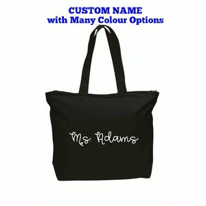 Personalized Zippered Tote - Strong, canvas tote bag perfect for teachers, family & friends, minimalist design with 21 colour choices