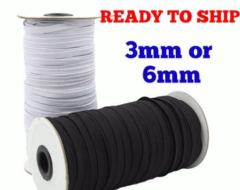 SHIPS WITHIN 24 HRS! 1, 5 or 10 Meters 3mm or 6mm Black or White Elastics (Flat Sewing Elastic), great for masks, good stretch and quality