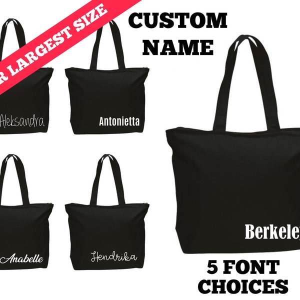 Personalized Zippered Tote - Name or words at bottom, Strong, canvas tote bag minimalist design with 5 different font and 30 colour choices